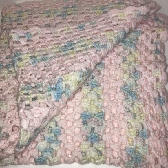 Hand Crocheted Baby Blanket Pink Blue and Yellow VGUC - Picture 2 of 4